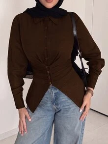 Solavon 女款深棕色優雅端莊秋季辦公早午餐襯衫上衣 - 咖啡棕 - 查看 4