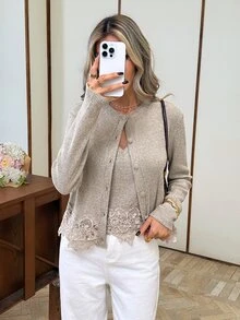 Serisse Women's Lace Patchwork Brunch Top And Long Sleeve Cardigan Fashion 2 Pieces Set Work Everyday Day Time Beige Autumn French Elegant - Apricot - View 7