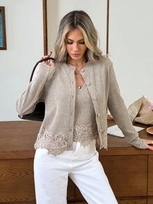 Serisse Women's Lace Patchwork Brunch Top And Long Sleeve Cardigan Fashion 2 Pieces Set Work Everyday Day Time Beige Autumn French Elegant - Apricot - View 11