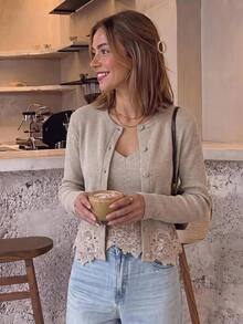 Serisse Women's Lace Patchwork Brunch Top And Long Sleeve Cardigan Fashion 2 Pieces Set Work Everyday Day Time Beige Autumn French Elegant - Apricot - View 3