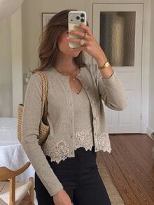 Serisse Women's Lace Patchwork Brunch Top And Long Sleeve Cardigan Fashion 2 Pieces Set Work Everyday Day Time Beige Autumn French Elegant - Apricot - View 1