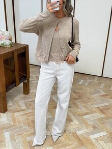 Serisse Women's Lace Patchwork Brunch Top And Long Sleeve Cardigan Fashion 2 Pieces Set Work Everyday Day Time Beige Autumn French Elegant - Apricot - View 9