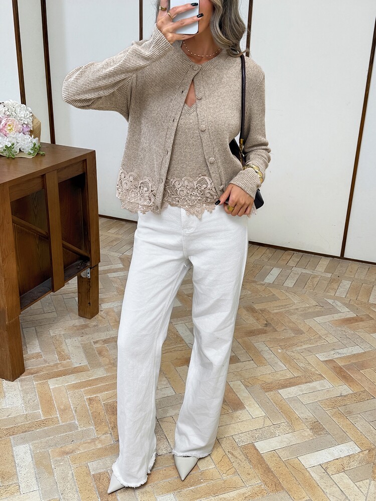 Serisse Set 2 Potong Wanita dengan Atasan Brunch Patchwork Renda dan Kardigan Lengan Panjang, Gaya Fashion untuk Kerja Sehari-hari, Warna Beige, Musim Gugur, Elegan ala Prancis. - Aprikot - View 9