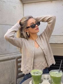 Serisse Women's Lace Patchwork Brunch Top And Long Sleeve Cardigan Fashion 2 Pieces Set Work Everyday Day Time Beige Autumn French Elegant - Apricot - View 5
