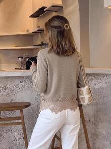 Serisse Women's Lace Patchwork Brunch Top And Long Sleeve Cardigan Fashion 2 Pieces Set Work Everyday Day Time Beige Autumn French Elegant - Apricot - View 2