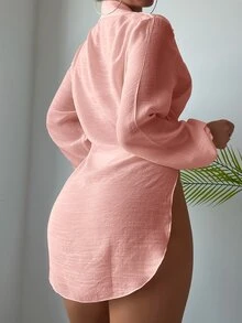 SHEIN Swim Women's Long Sleeve And Back Split Cardigan Shirt Summer - Pink - View 2