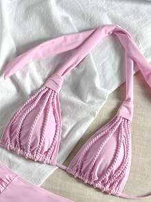 Bonvoyette 女士优雅休闲度假挂脖比基尼套装，手工绳编岛屿泳池派对泳装 - 粉色 - 查看 3