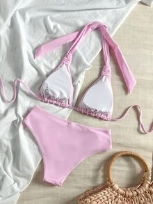 Bonvoyette 女士优雅休闲度假挂脖比基尼套装，手工绳编岛屿泳池派对泳装 - 粉色 - 查看 5