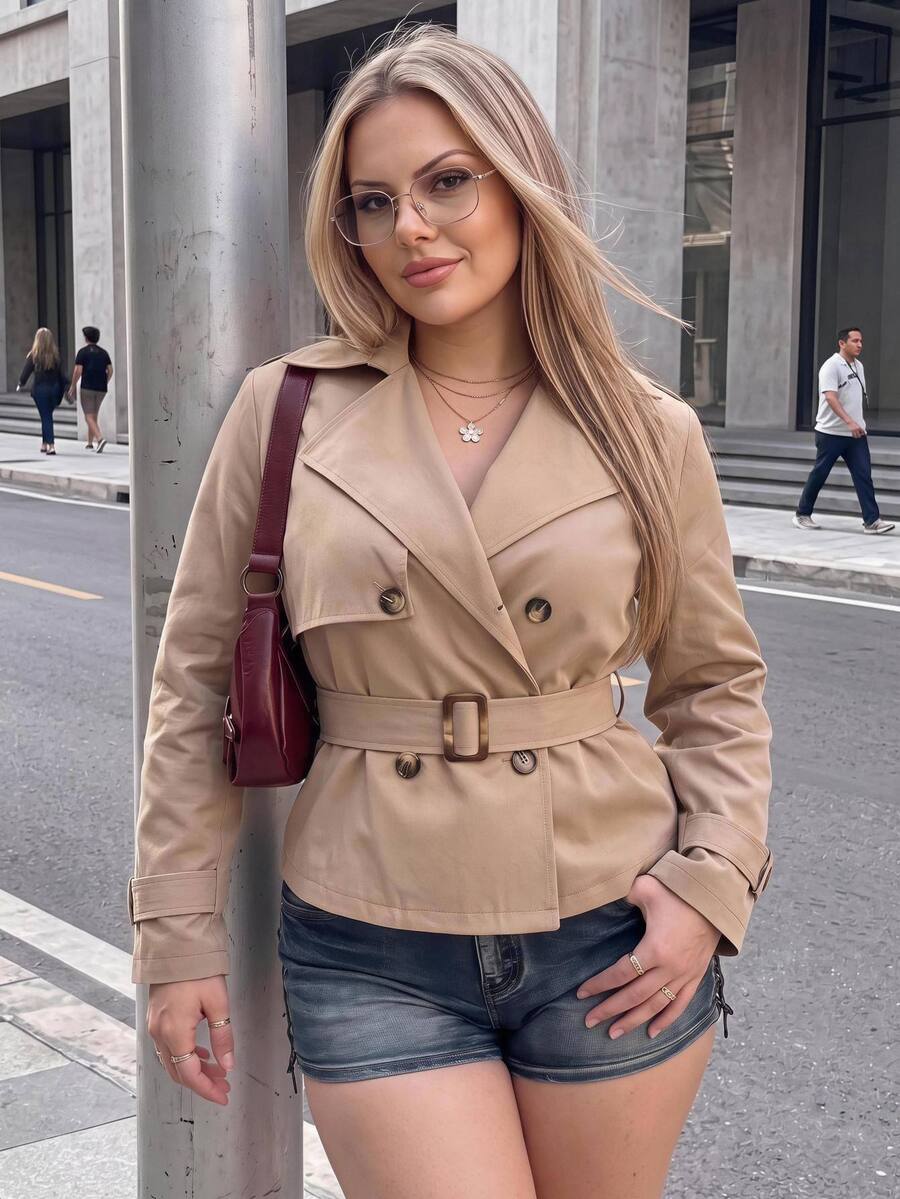 SHEIN ICON Plus Size Solid Color Double-Breasted Trench Coat Autumn Teachers' Day Office Evening Formal Elegant - Khaki - View 1