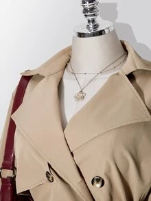 SHEIN ICON Plus Size Solid Color Double-Breasted Trench Coat Autumn Teachers' Day Office Evening Formal Elegant - Khaki - View 11