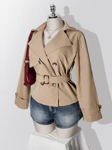 SHEIN ICON Plus Size Solid Color Double-Breasted Trench Coat Autumn Teachers' Day Office Evening Formal Elegant - Khaki - View 3