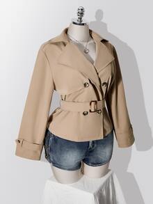 SHEIN ICON Plus Size Solid Color Double-Breasted Trench Coat Autumn Teachers' Day Office Evening Formal Elegant - Khaki - View 5