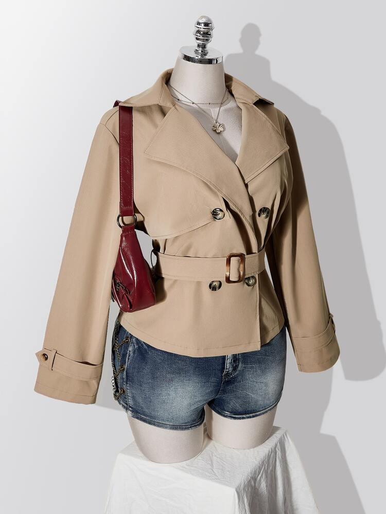 SHEIN ICON Mantel Trench Double-Breasted Warna Polos Ukuran Besar untuk Musim Gugur, Cocok untuk Hari Guru, Kantor, Acara Malam Formal, dan Elegan - Khaki - View 4