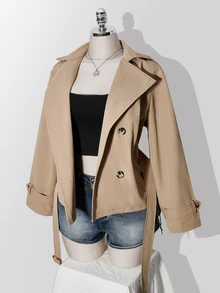 SHEIN ICON Plus Size Solid Color Double-Breasted Trench Coat Autumn Teachers' Day Office Evening Formal Elegant - Khaki - View 10