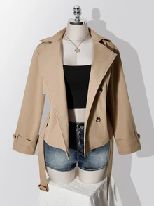 SHEIN ICON Plus Size Solid Color Double-Breasted Trench Coat Autumn Teachers' Day Office Evening Formal Elegant - Khaki - View 8