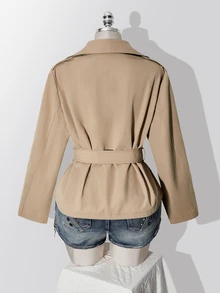 SHEIN ICON Plus Size Solid Color Double-Breasted Trench Coat Autumn Teachers' Day Office Evening Formal Elegant - Khaki - View 13