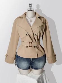 SHEIN ICON Plus Size Solid Color Double-Breasted Trench Coat Autumn Teachers' Day Office Evening Formal Elegant - Khaki - View 12