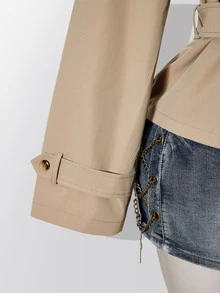 SHEIN ICON Plus Size Solid Color Double-Breasted Trench Coat Autumn Teachers' Day Office Evening Formal Elegant - Khaki - View 6