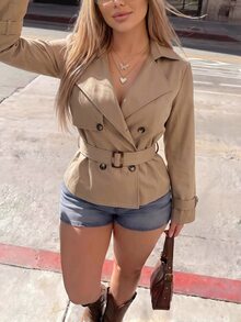 SHEIN ICON Plus Size Solid Color Double-Breasted Trench Coat Autumn Teachers' Day Office Evening Formal Elegant - Khaki - View 14
