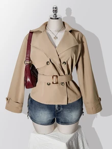SHEIN ICON Plus Size Solid Color Double-Breasted Trench Coat Autumn Teachers' Day Office Evening Formal Elegant - Khaki - View 2