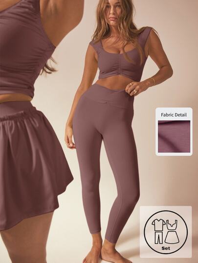 Aralina Ensemble de sport pour femmes avec débardeur court froncé de couleur unie et leggings, tenue d'entraînement pour la salle de sport, décontractée pour l'été, tenue de fan de la Coupe du Monde