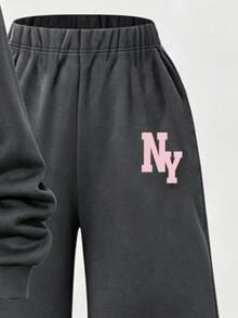 青少年女孩美式 NY 字母印花半拉鍊立領運動衫與直筒運動長褲 2 件套，秋季寬鬆度假正式風深灰色 - 彩色 - 查看 5