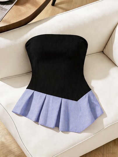 SHEIN Franclia Top tubo asimétrico casual de verano de mujer con parches de punto de unicolor y rayas tejidas