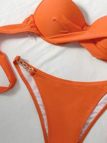Swim SXY Women's Summer Beach Vacation Cross Wrap Chain Decor Backless Tie-Front Underwire Bikini Set - Orange - View 4
