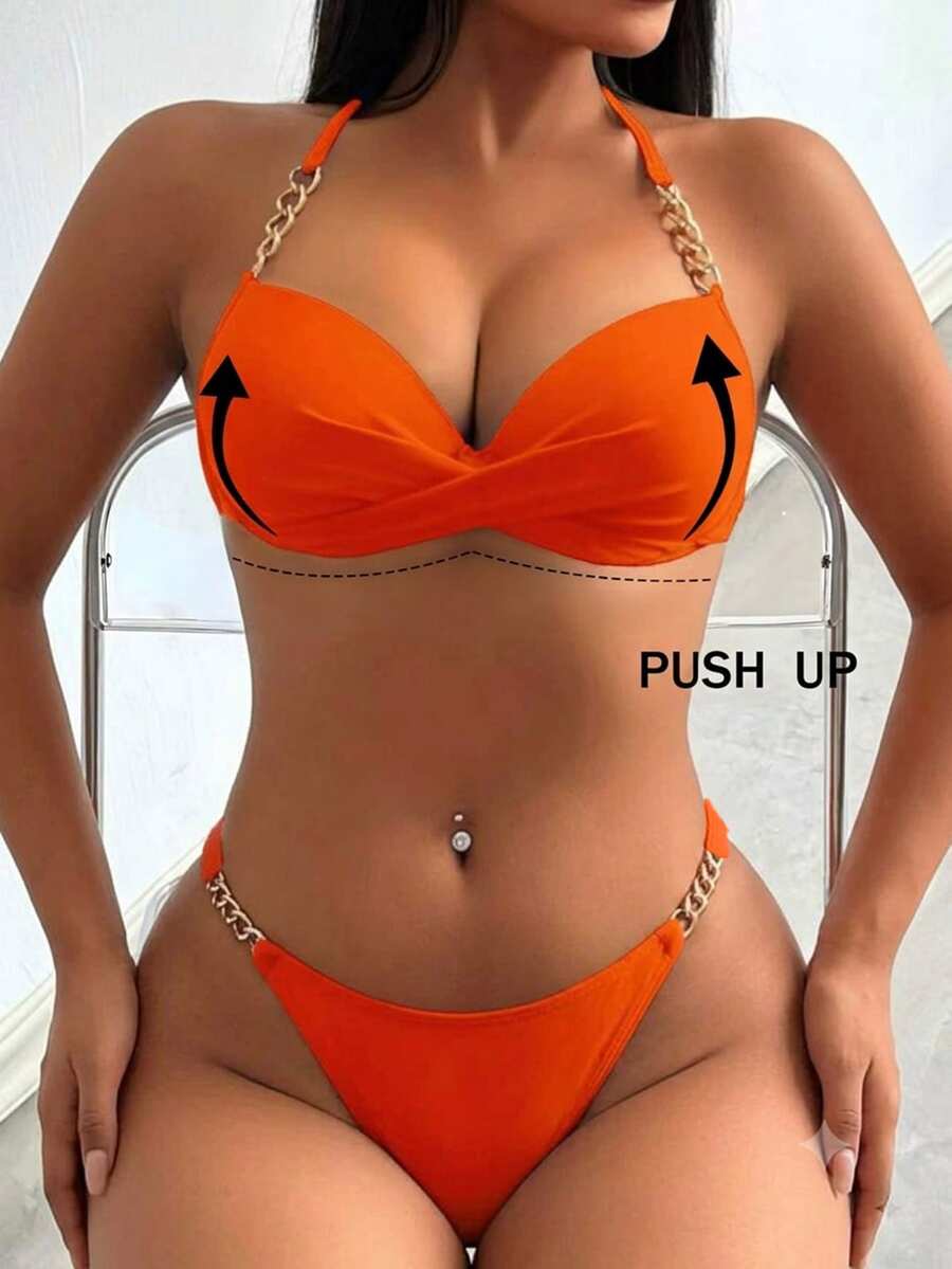 Swim SXY Women's Summer Beach Vacation Cross Wrap Chain Decor Backless Tie-Front Underwire Bikini Set - Orange - View 1