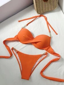 Swim SXY Women's Summer Beach Vacation Cross Wrap Chain Decor Backless Tie-Front Underwire Bikini Set - Orange - View 3