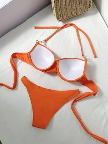 Swim SXY Women's Summer Beach Vacation Cross Wrap Chain Decor Backless Tie-Front Underwire Bikini Set - Orange - View 2