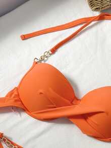Swim SXY Women's Summer Beach Vacation Cross Wrap Chain Decor Backless Tie-Front Underwire Bikini Set - Orange - View 5