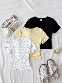 SHEIN Tween Girl Kids T-Shirts Polka Dot Pattern & Solid Color Knitted Fitted Waist Ruched Short 3pcsSuitable For Spring/Summer, Casual Personalized Outfit - Multicolor - View 1