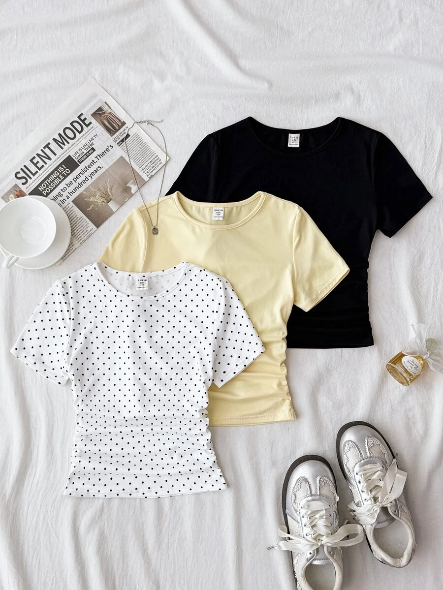 SHEIN Tween Girl Kids T-Shirts Polka Dot Pattern & Solid Color Knitted Fitted Waist Ruched Short 3pcsSuitable For Spring/Summer, Casual Personalized Outfit - Multicolor - View 1