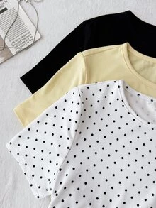 SHEIN Tween Girl Kids T-Shirts Polka Dot Pattern & Solid Color Knitted Fitted Waist Ruched Short 3pcsSuitable For Spring/Summer, Casual Personalized Outfit - Multicolor - View 7