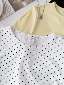 SHEIN Tween Girl Kids T-Shirts Polka Dot Pattern & Solid Color Knitted Fitted Waist Ruched Short 3pcsSuitable For Spring/Summer, Casual Personalized Outfit - Multicolor - View 3