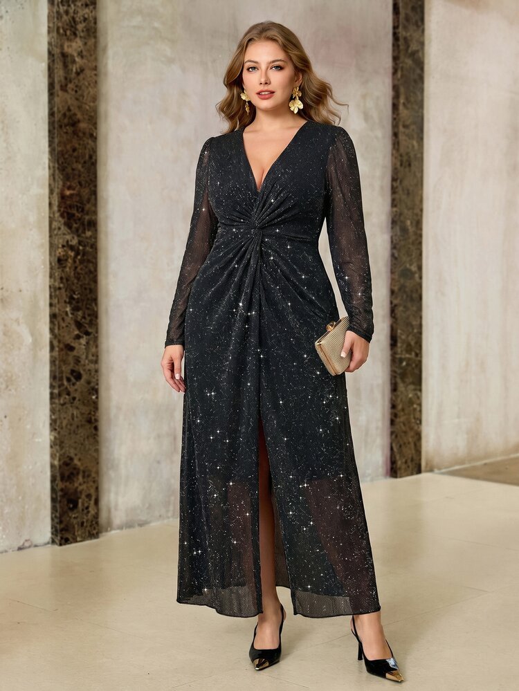 Roveilla Plus Size Shiny Black Metallic Fabric Party Evening Formal Cocktail Outfit Halloween V-Neck Long Sleeve Waist Knot Hem Slit Women's Long Dress - Black - View 4