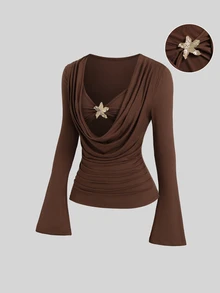 Sweetra Sexy Slimming Cowl Neck Metal Buckle Decor Versatile High-End Niche Top Night Out Date Night Brown And Gold Autumn - Brown - View 1