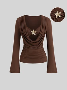 Sweetra Sexy Slimming Cowl Neck Metal Buckle Decor Versatile High-End Niche Top Night Out Date Night Brown And Gold Autumn - Brown - View 3