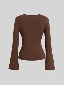 Sweetra Sexy Slimming Cowl Neck Metal Buckle Decor Versatile High-End Niche Top Night Out Date Night Brown And Gold Autumn - Brown - View 2