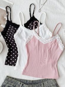 Conjunto de 3 piezas de camisola sin mangas con patchwork de encaje para niña preadolescente, se envían 3 artículos al azar de 6 - Multicolor - Ver 1