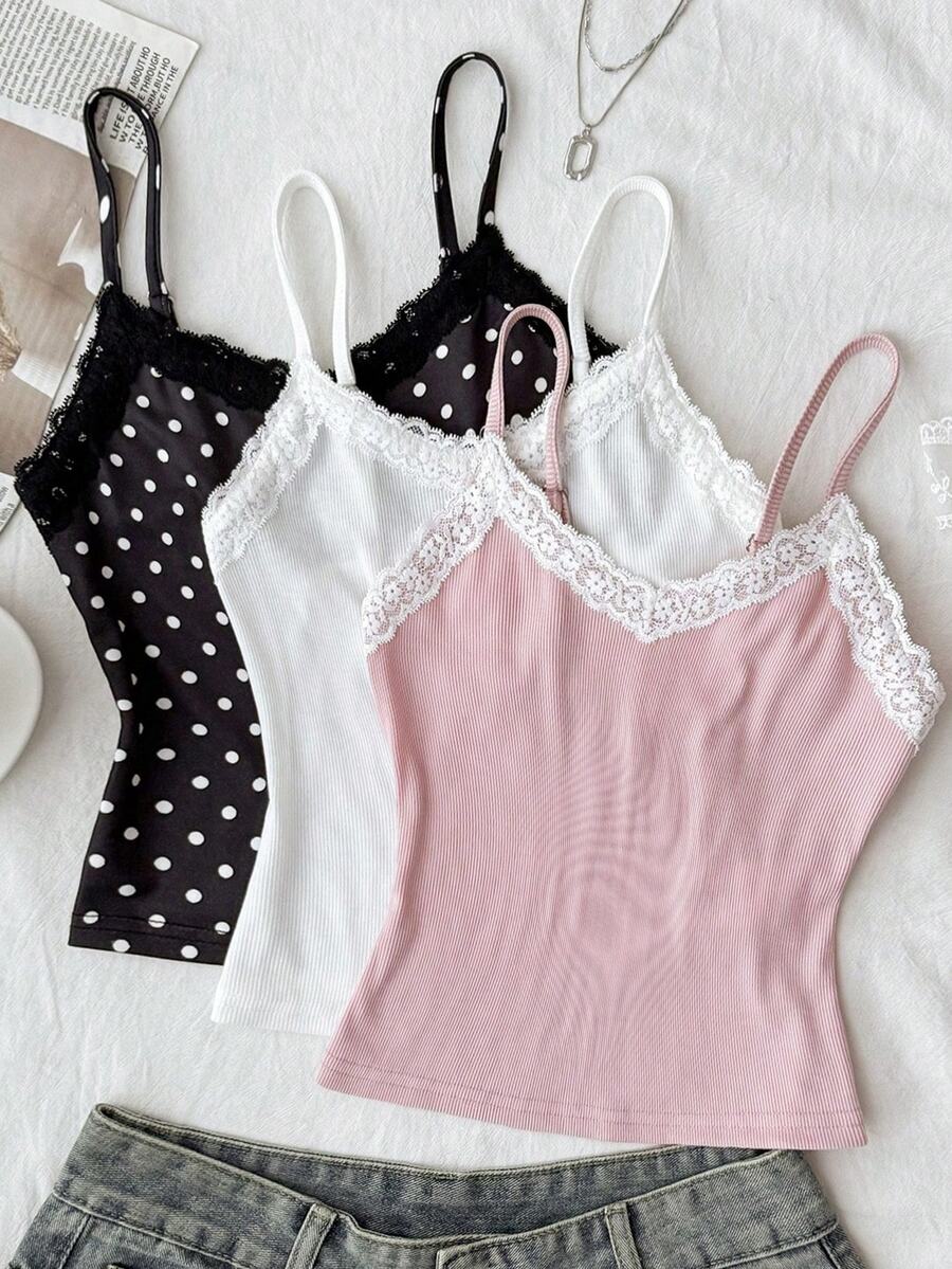 Conjunto de 3 piezas de camisola sin mangas con patchwork de encaje para niña preadolescente, se envían 3 artículos al azar de 6 - Multicolor - Ver 1