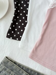 Conjunto de 3 piezas de camisola sin mangas con patchwork de encaje para niña preadolescente, se envían 3 artículos al azar de 6 - Multicolor - Ver 3