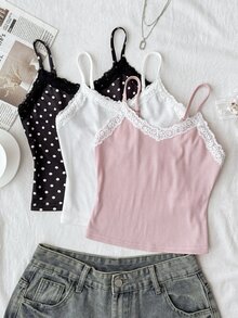 Conjunto de 3 piezas de camisola sin mangas con patchwork de encaje para niña preadolescente, se envían 3 artículos al azar de 6 - Multicolor - Ver 7