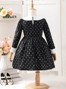 Glamorique Kids Toddler Girl Preppy Style Halloween Contrast Collar Long Sleeve Dress, Fashionable Black Micro Print Casual Skirt For Fall/Winter - Black - View 2