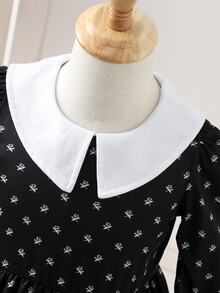 Glamorique Kids Toddler Girl Preppy Style Halloween Contrast Collar Long Sleeve Dress, Fashionable Black Micro Print Casual Skirt For Fall/Winter - Black - View 3
