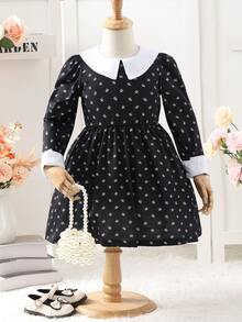 Glamorique Kids Toddler Girl Preppy Style Halloween Contrast Collar Long Sleeve Dress, Fashionable Black Micro Print Casual Skirt For Fall/Winter - Black - View 1