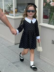 Glamorique Kids Toddler Girl Preppy Style Halloween Contrast Collar Long Sleeve Dress, Fashionable Black Micro Print Casual Skirt For Fall/Winter - Black - View 5