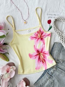 SHEIN 青少年女孩春/夏新款休閒度假黃色背景定位花卉印花細肩帶背心上衣 隨機3款發1件 - 黃色 - 查看 6