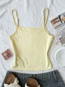 SHEIN 青少年女孩春/夏新款休閒度假黃色背景定位花卉印花細肩帶背心上衣 隨機3款發1件 - 黃色 - 查看 2